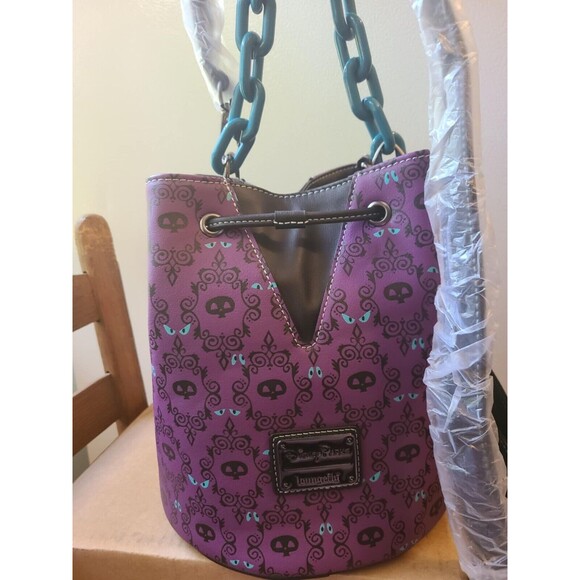 Disney Loungefly Haunted Mansion Wallpaper GITD Purple Drawstring Bucket Bag NEW - Picture 4 of 5
